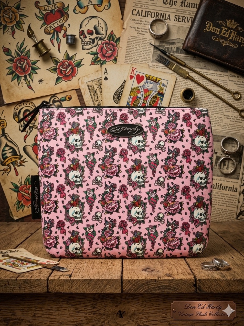 Ed Hardy Y2K Pink Skull & Flower Graphic Wristlet Pouch / Makeup Bag NWT